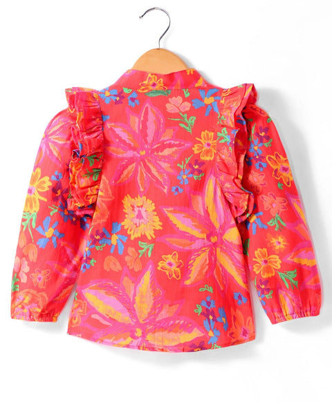 Pre-Order: Big flower print top with frills along the armhole-Red