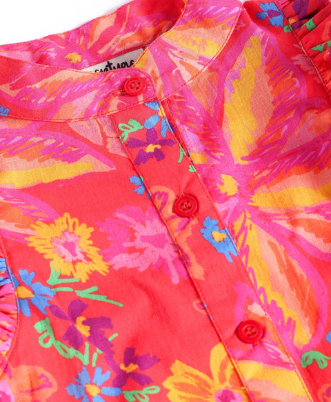 Pre-Order: Big flower print top with frills along the armhole-Red