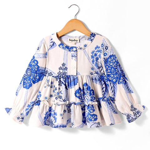 Pre-Order: All over print full sleeves tiered top with front button opening at yoke-White /Blue
