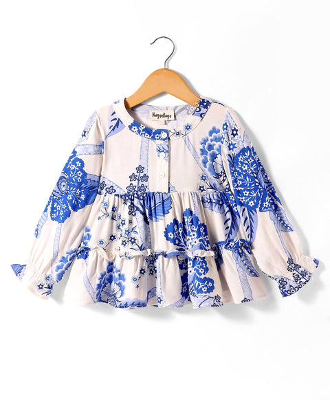 Pre-Order: All over print full sleeves tiered top with front button opening at yoke-White /Blue