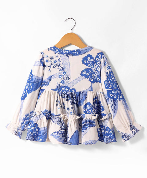 Pre-Order: All over print full sleeves tiered top with front button opening at yoke-White /Blue