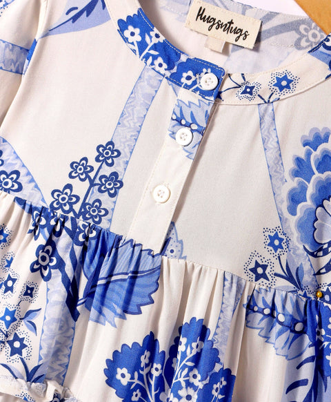 Pre-Order: All over print full sleeves tiered top with front button opening at yoke-White /Blue