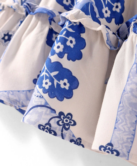 Pre-Order: All over print full sleeves tiered top with front button opening at yoke-White /Blue