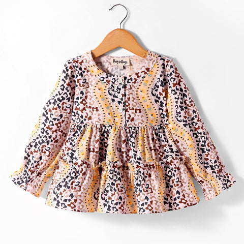 Pre-Order: Abstract print full sleeves tiered top with front button opening at yoke-Yellow/ Brown