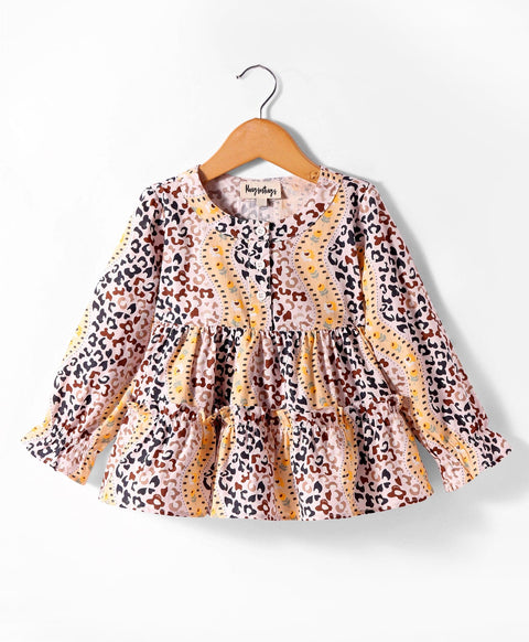 Pre-Order: Abstract print full sleeves tiered top with front button opening at yoke-Yellow/ Brown