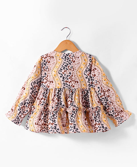 Pre-Order: Abstract print full sleeves tiered top with front button opening at yoke-Yellow/ Brown