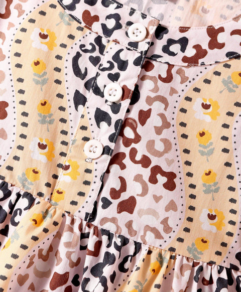 Pre-Order: Abstract print full sleeves tiered top with front button opening at yoke-Yellow/ Brown