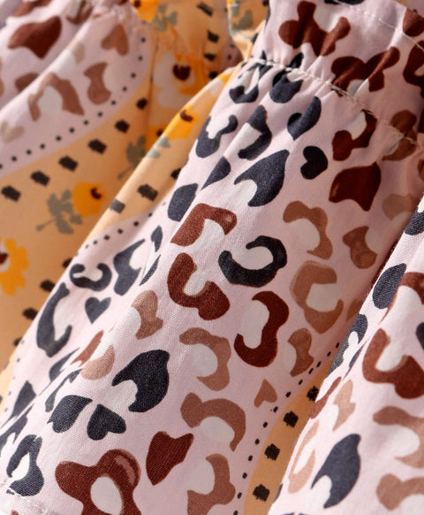 Pre-Order: Abstract print full sleeves tiered top with front button opening at yoke-Yellow/ Brown