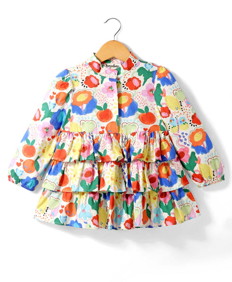 Pre-Order: Fruit n floral print full Sleeves top with frills at flounce-Multi Colour