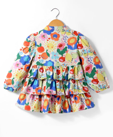 Pre-Order: Fruit n floral print full Sleeves top with frills at flounce-Multi Colour
