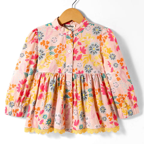 Pre-Order: Multi floral print full sleeves button down top with mandarin collars n contrast lace at bottom end-Pink