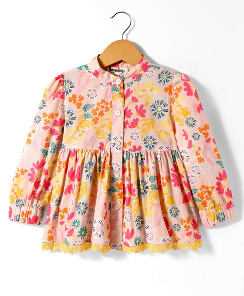 Pre-Order: Multi floral print full sleeves button down top with mandarin collars n contrast lace at bottom end-Pink