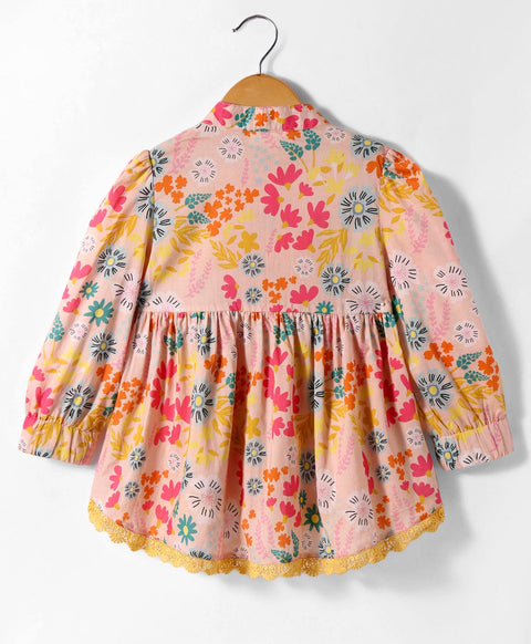 Pre-Order: Multi floral print full sleeves button down top with mandarin collars n contrast lace at bottom end-Pink