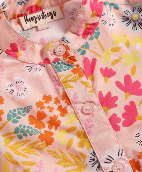 Pre-Order: Multi floral print full sleeves button down top with mandarin collars n contrast lace at bottom end-Pink