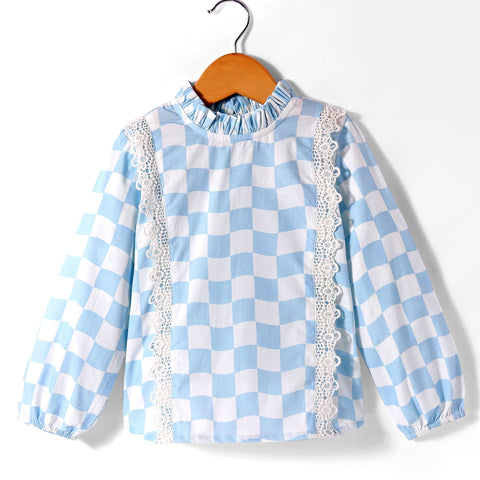 Pre-Order: Checkered print full sleeves top with pleats at neck and lace at front sides-Blue/White