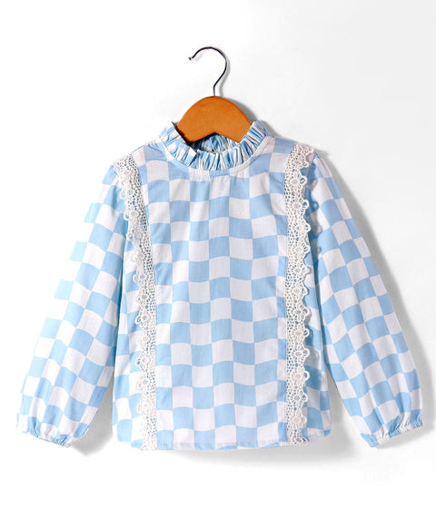 Pre-Order: Checkered print full sleeves top with pleats at neck and lace at front sides-Blue/White