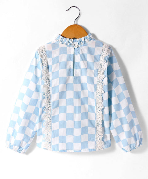 Pre-Order: Checkered print full sleeves top with pleats at neck and lace at front sides-Blue/White