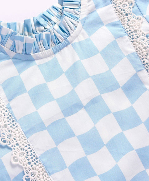 Pre-Order: Checkered print full sleeves top with pleats at neck and lace at front sides-Blue/White
