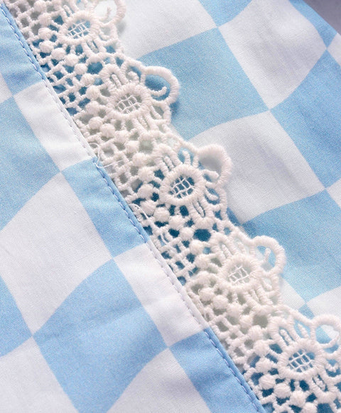 Pre-Order: Checkered print full sleeves top with pleats at neck and lace at front sides-Blue/White