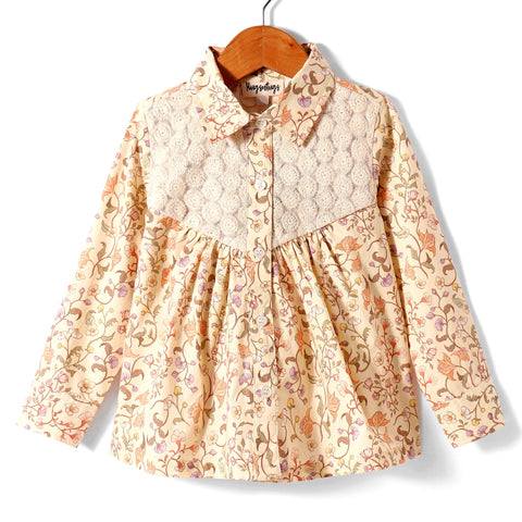 Pre-Order: All over floral print full sleeves button down shirt with lace inserts at yoke-Beige