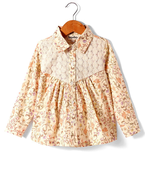 Pre-Order: All over floral print full sleeves button down shirt with lace inserts at yoke-Beige