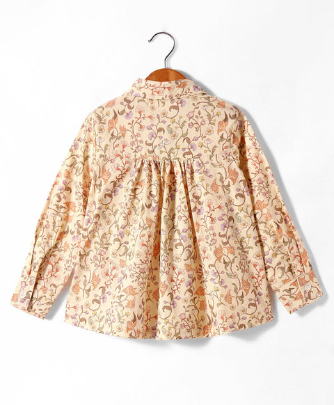 Pre-Order: All over floral print full sleeves button down shirt with lace inserts at yoke-Beige