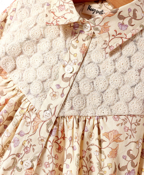 Pre-Order: All over floral print full sleeves button down shirt with lace inserts at yoke-Beige