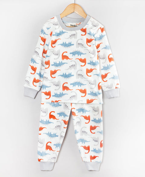 Pre-Order: Full sleeves round neck polar fleece all over Dino print-White
