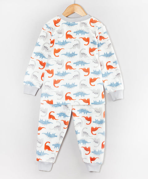 Pre-Order: Full sleeves round neck polar fleece all over Dino print-White