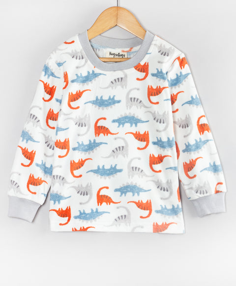 Pre-Order: Full sleeves round neck polar fleece all over Dino print-White
