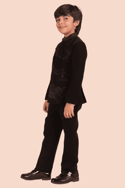 Pre-Order: Black Jodhpuri with Hand Embroidery in Self - Black