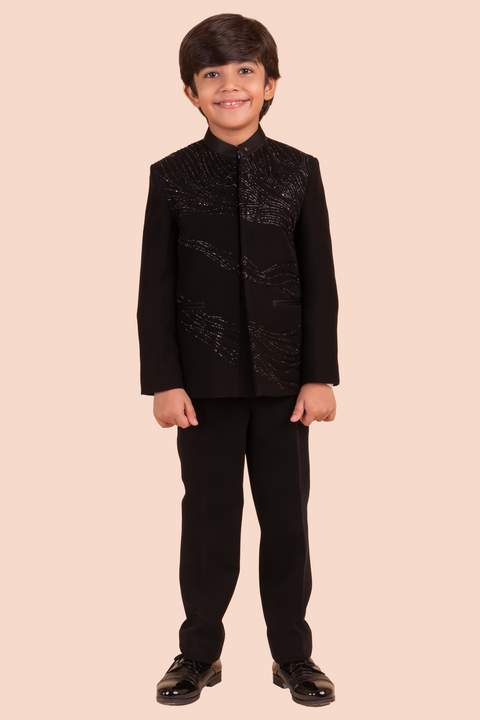 Pre-Order: Black Jodhpuri with Hand Embroidery in Self - Black