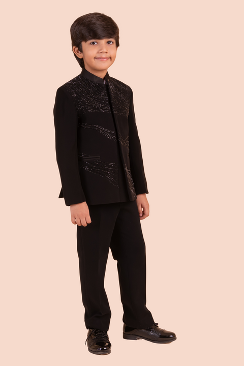 Pre-Order: Black Jodhpuri with Hand Embroidery in Self - Black