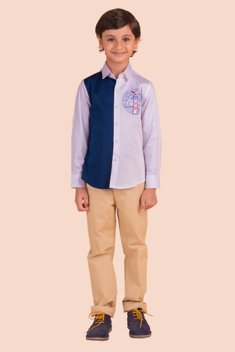Pre-Order: Shirt with  Colourful  Panelling and Light House Embroidery