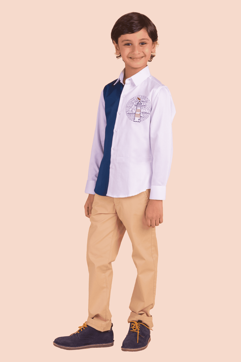 Pre-Order: Shirt with  Colourful  Panelling and Light House Embroidery