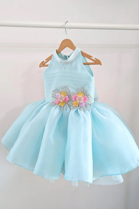 Pre-Order: Blue Halter Neck Satin Organza Dress with 3-d Flowers