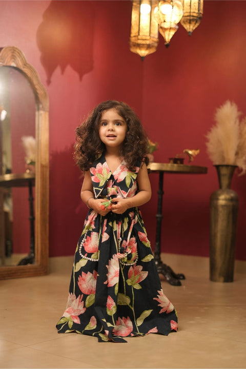 Pre-Order: Navy blue lotus print lehenga set