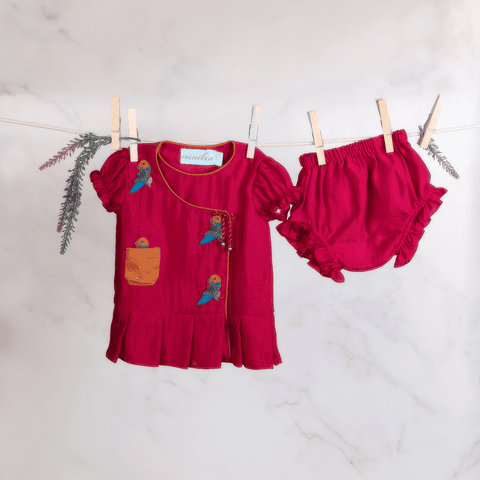 Pre-Order: RED PARROT MOTIF FROCK WITH BLOOMERS