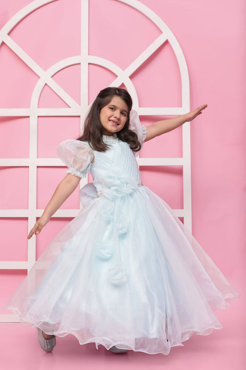 Pre-Order: Sky Blue Organza Gown With Puff Sleeves