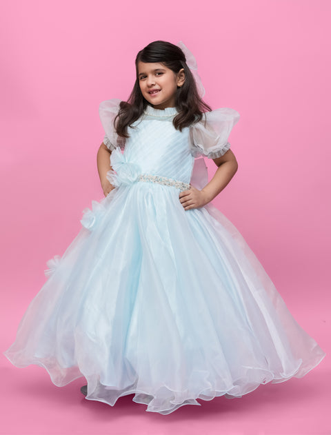 Pre-Order: Sky Blue Organza Gown With Puff Sleeves