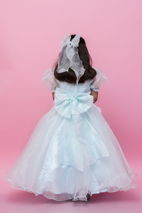 Pre-Order: Sky Blue Organza Gown With Puff Sleeves
