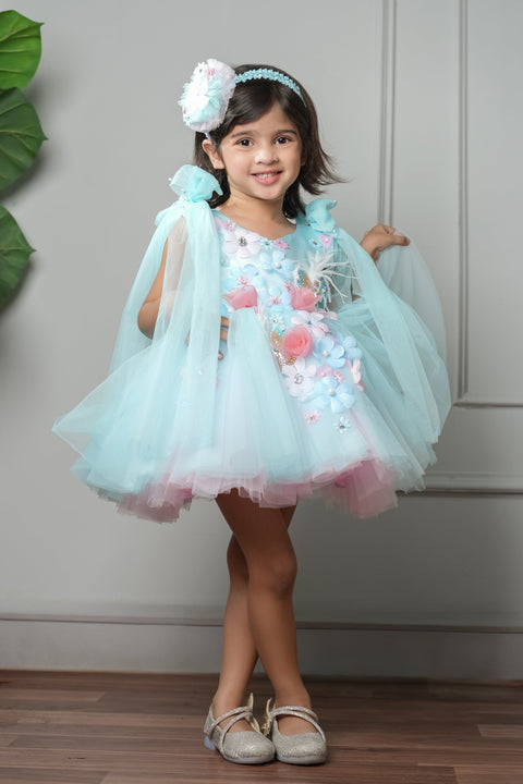 Pre-Order:  Blue Dress Embellished With Handmade Flowers And Shoulder Bow With Net Extension