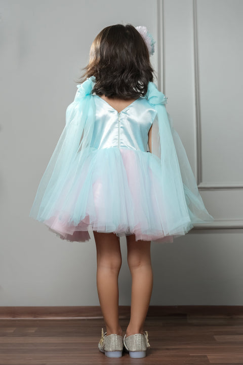 Pre-Order:  Blue Dress Embellished With Handmade Flowers And Shoulder Bow With Net Extension