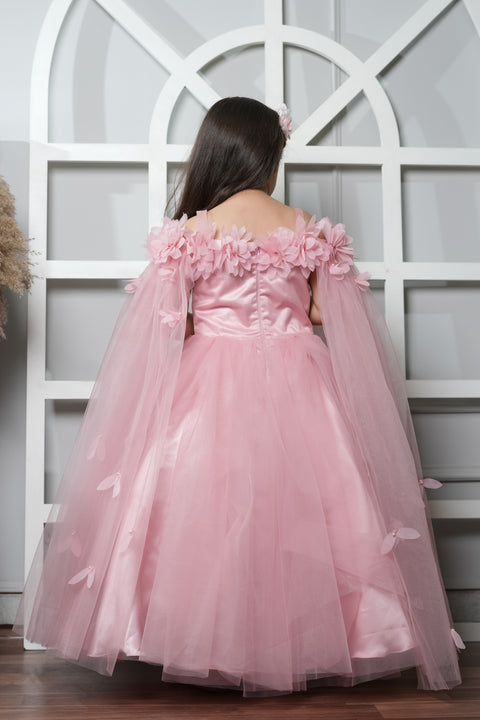 Pre-Order: Pink Flared Gown With Handmade Flower And Flowing Open Sleeves