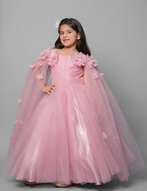 Pre-Order: Pink Flared Gown With Handmade Flower And Flowing Open Sleeves