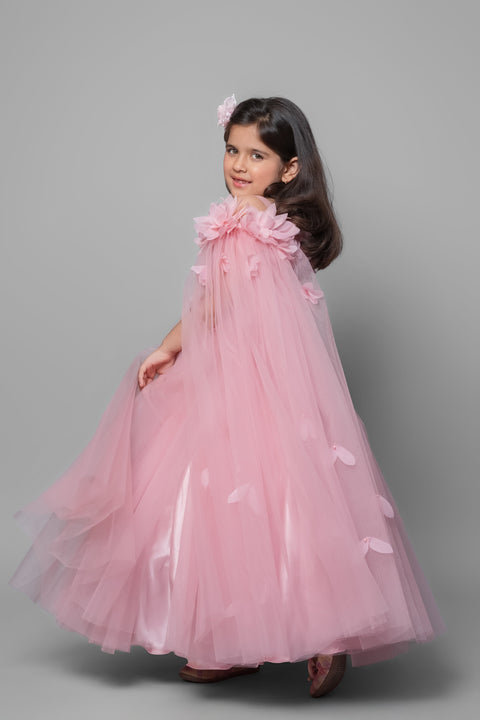 Pre-Order: Pink Flared Gown With Handmade Flower And Flowing Open Sleeves