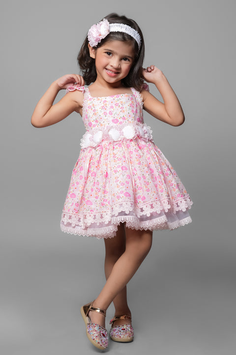 Pre-Order: Floral Printed Dress Embellished With Flower Belt