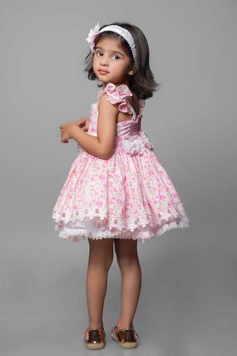 Pre-Order: Floral Printed Dress Embellished With Flower Belt