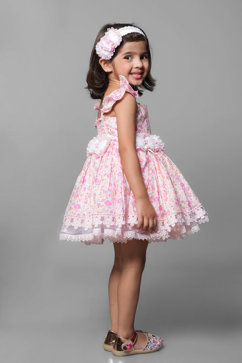 Pre-Order: Floral Printed Dress Embellished With Flower Belt