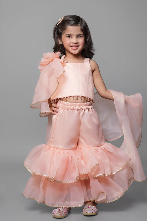 Pre-Order: Peach Gharara With Flower Dupatta